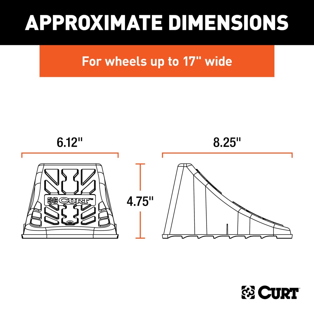 CURT Wheel Chocks for Secure Towing and Vehicle Maintenance CURT wheel chocks with raised tread and saw-tooth edges for secure grip and traction