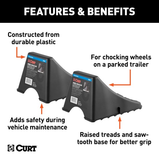 CURT Wheel Chocks for Secure Towing and Vehicle Maintenance CURT wheel chocks with raised tread and saw-tooth edges for secure grip and traction
