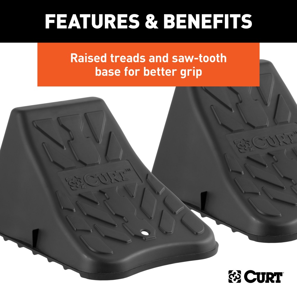 CURT Wheel Chocks for Secure Towing and Vehicle Maintenance CURT wheel chocks with raised tread and saw-tooth edges for secure grip and traction