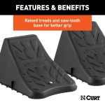 CURT Wheel Chocks for Secure Towing and Vehicle Maintenance CURT wheel chocks with raised tread and saw-tooth edges for secure grip and traction