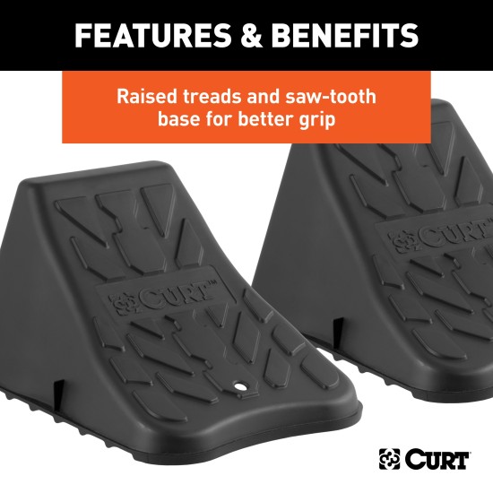 CURT Wheel Chocks for Secure Towing and Vehicle Maintenance CURT wheel chocks with raised tread and saw-tooth edges for secure grip and traction