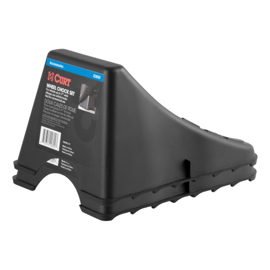 CURT Wheel Chocks for Secure Towing and Vehicle Maintenance CURT wheel chocks with raised tread and saw-tooth edges for secure grip and traction