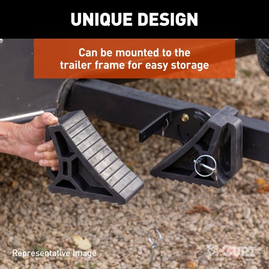 CURT HD Wheel Chocks - Heavy Duty, Space-Saving Safety Accessory Heavy-duty CURT HD wheel chocks with rubber construction for trailer safety and storage.