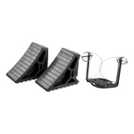 CURT HD Wheel Chocks with Mounting Bracket for Trailers CURT HD wheel chocks mounted on trailer frame with orange finish