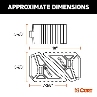 CURT HD Wheel Chocks with Mounting Bracket for Trailers CURT HD wheel chocks mounted on trailer frame with orange finish