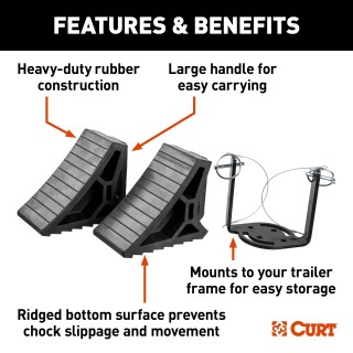 CURT HD Wheel Chocks with Mounting Bracket for Trailers CURT HD wheel chocks mounted on trailer frame with orange finish