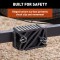 CURT HD Wheel Chocks with Mounting Bracket for Trailers CURT HD wheel chocks mounted on trailer frame with orange finish