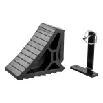 CURT HD Wheel Chocks with Mounting Bracket for Easy Storage CURT HD wheel chocks with mounting bracket attached to trailer, shown in use.