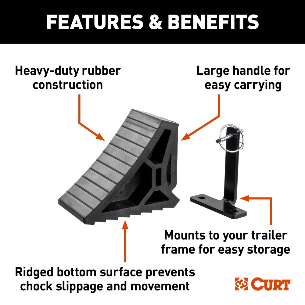 CURT HD Wheel Chocks with Mounting Bracket for Easy Storage CURT HD wheel chocks with mounting bracket attached to trailer, shown in use.