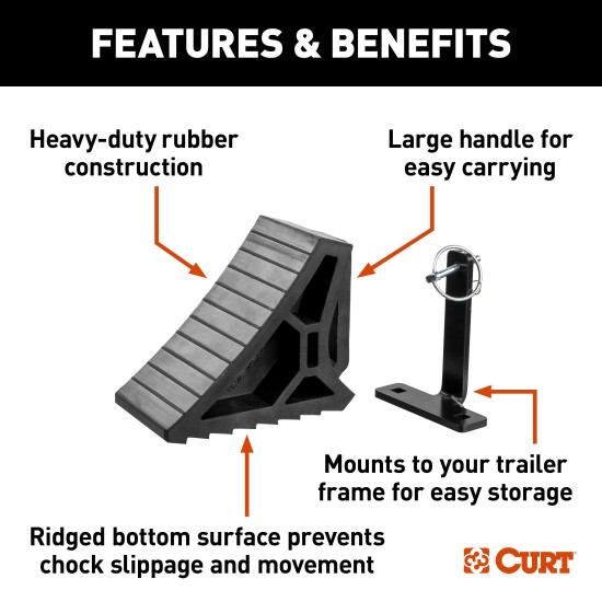 CURT HD Wheel Chocks with Mounting Bracket for Easy Storage CURT HD wheel chocks with mounting bracket attached to trailer, shown in use.