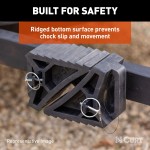 CURT HD Wheel Chocks with Mounting Bracket for Easy Storage CURT HD wheel chocks with mounting bracket attached to trailer, shown in use.