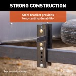 CURT HD Wheel Chocks with Mounting Bracket for Easy Storage CURT HD wheel chocks with mounting bracket attached to trailer, shown in use.