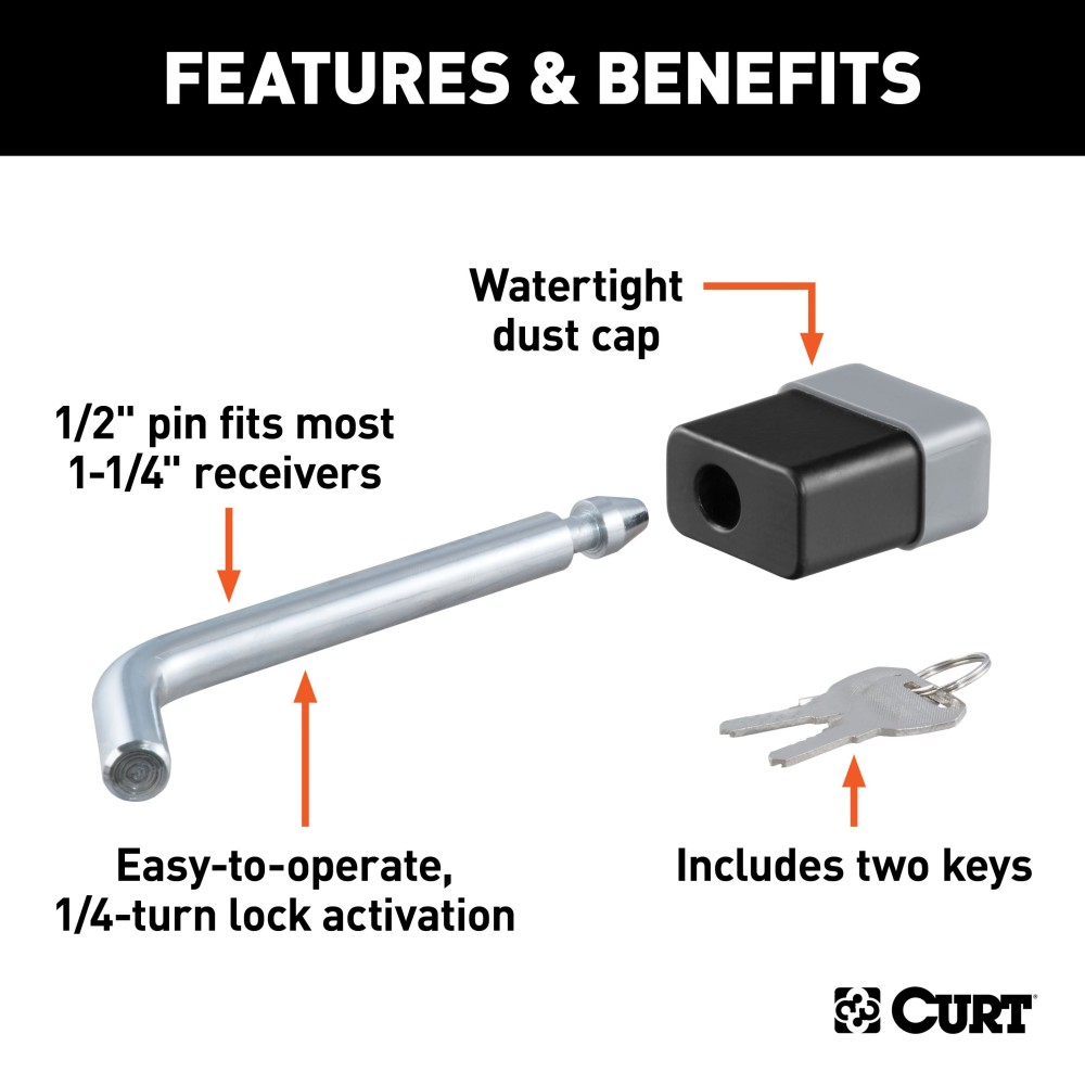 CURT Hitch Lock with Deadbolt Design for Secure Towing CURT hitch lock with deadbolt design and chrome finish for 1-1/4 inch receivers