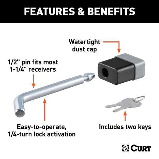 CURT Hitch Lock with Deadbolt Design for Secure Towing CURT hitch lock with deadbolt design and chrome finish for 1-1/4 inch receivers