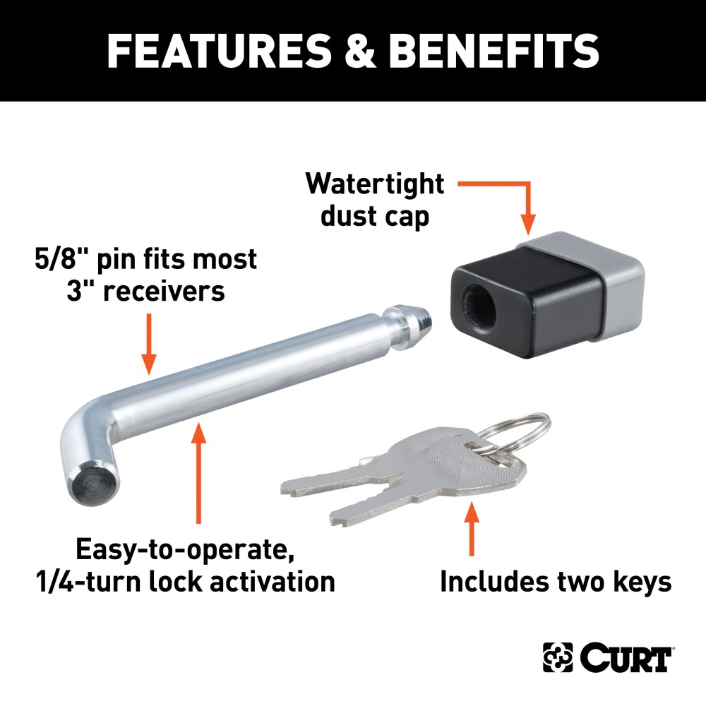 CURT Deadbolt 5/8" Pin Diameter Hitch Lock for Secure Towing CURT hitch lock with deadbolt design and 5/8 inch pin for trailer security