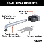 CURT Deadbolt 5/8" Pin Diameter Hitch Lock for Secure Towing CURT hitch lock with deadbolt design and 5/8 inch pin for trailer security