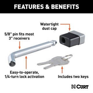 CURT Deadbolt 5/8" Pin Diameter Hitch Lock for Secure Towing CURT hitch lock with deadbolt design and 5/8 inch pin for trailer security