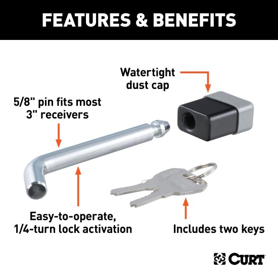 CURT Deadbolt 5/8" Pin Diameter Hitch Lock for Secure Towing CURT hitch lock with deadbolt design and 5/8 inch pin for trailer security