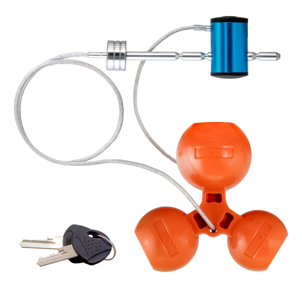 CURT tri-ball universal coupler lock in orange, securely attached to a trailer hitch