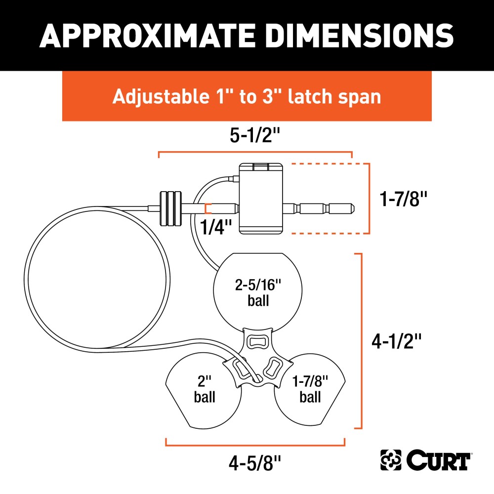 CURT tri-ball universal coupler lock in orange, securely attached to a trailer hitch