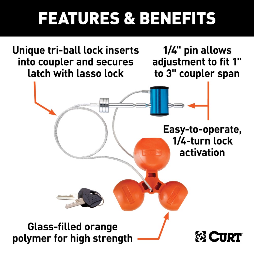 CURT tri-ball universal coupler lock in orange, securely attached to a trailer hitch
