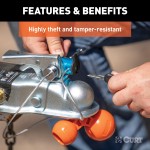 CURT tri-ball universal coupler lock in orange, securely attached to a trailer hitch