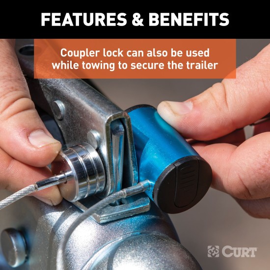 CURT Tri-Ball Universal Coupler Lock for Secure Towing CURT tri-ball universal coupler lock in orange, securely attached to a trailer hitch