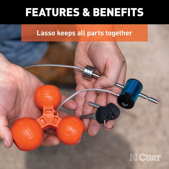 CURT Tri-Ball Universal Coupler Lock for Secure Towing CURT tri-ball universal coupler lock in orange, securely attached to a trailer hitch