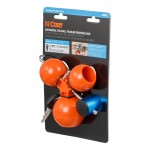 CURT tri-ball universal coupler lock in orange, securely attached to a trailer hitch