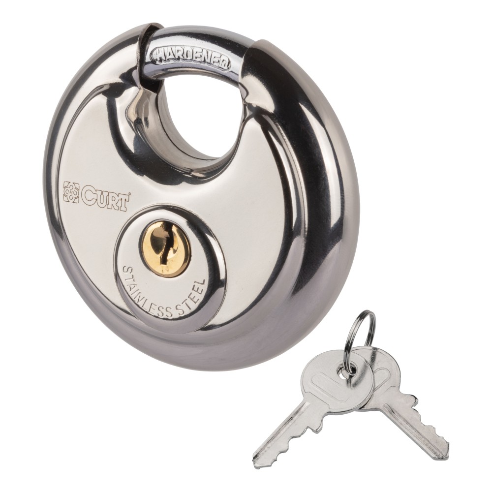 CURT disc lock with a hardened steel shackle, weather-resistant materials, and a 4-pin cylinder.