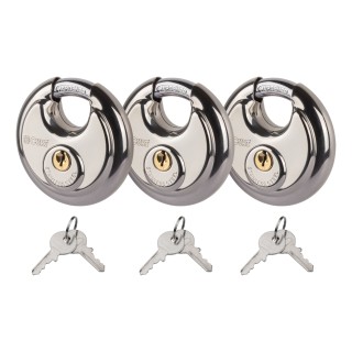 CURT Stainless Steel Disc Lock 3-Pack with Hardened Shackle CURT disc locks with stainless steel body and hardened shackle for enhanced security against cutting and rust.