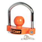 CURT universal trailer coupler lock with bright orange finish, fitting 1-7/8", 2" and 2-5/16" couplers, offering easy and secure installation.