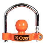 CURT universal trailer coupler lock with bright orange finish, fitting 1-7/8", 2" and 2-5/16" couplers, offering easy and secure installation.