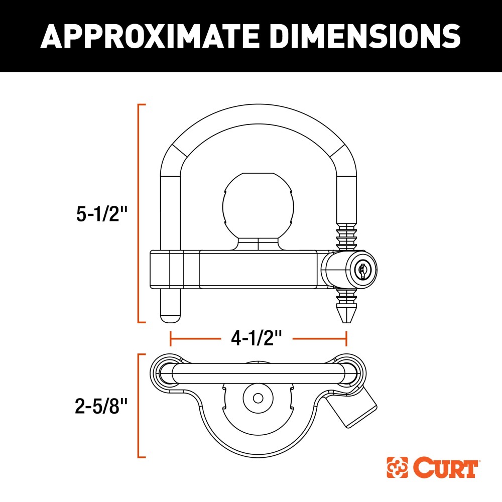 CURT universal trailer coupler lock with bright orange finish, fitting 1-7/8", 2" and 2-5/16" couplers, offering easy and secure installation.