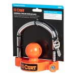 CURT universal trailer coupler lock with bright orange finish, fitting 1-7/8", 2" and 2-5/16" couplers, offering easy and secure installation.