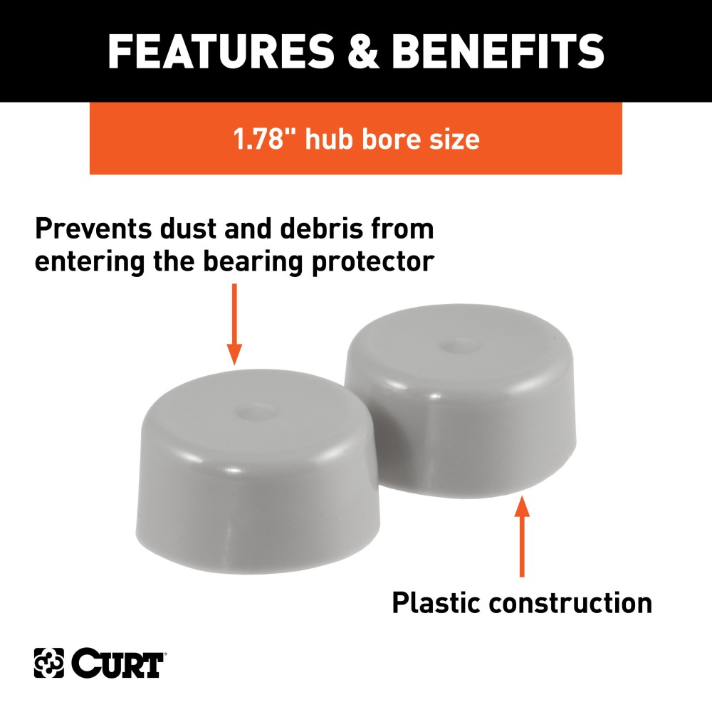 CURT Bearing Protector Covers for Trailer Wheels, 1.78 Inch Hub CURT bearing protector covers providing dust and debris protection for trailer wheels with 1.78 inch hub diameter