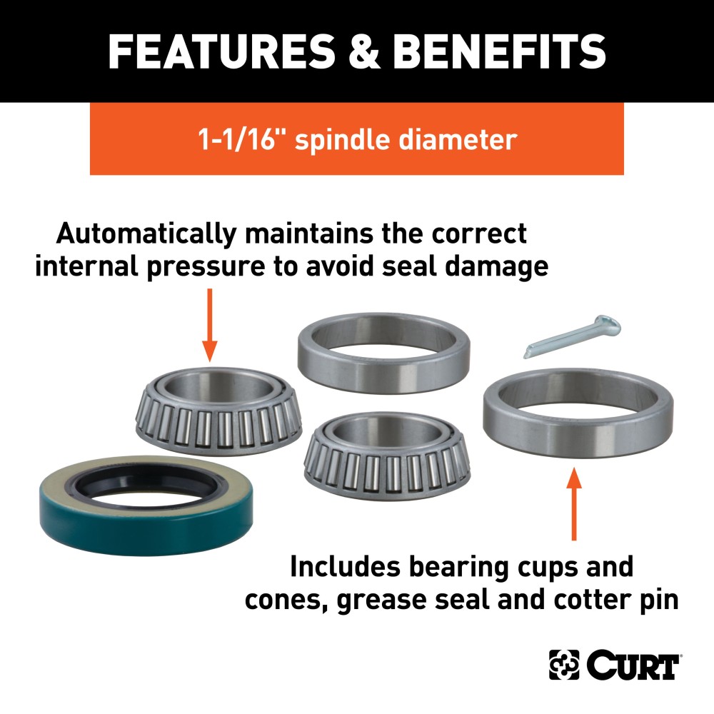 Trailer Wheel Bearing Kit with Cones, Cups, Seal, Cotter Pin Wheel bearing kit includes cones, cups, grease seal, and cotter pin for 1-1/16 inch diameter