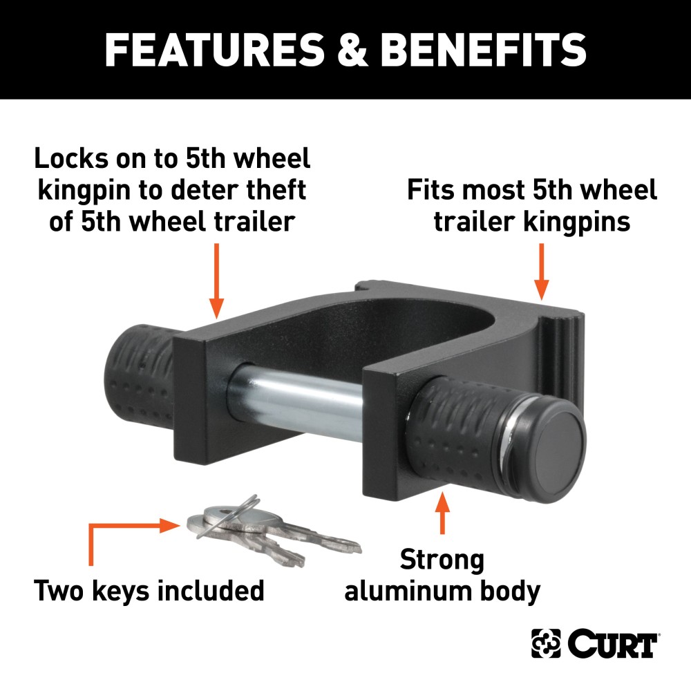 CURT Specialty Kingpin Lock for 5th Wheel Trailers CURT kingpin lock securely attached to a 5th wheel trailer's kingpin