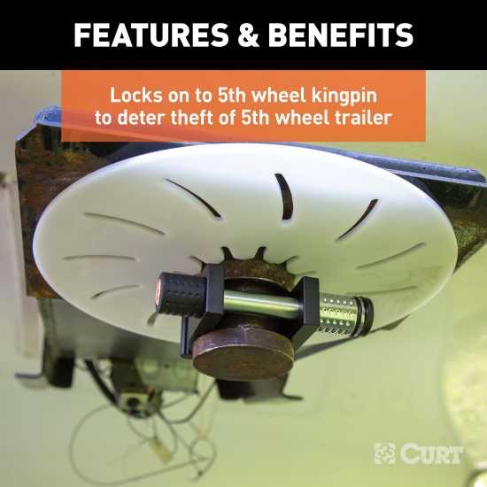 CURT Specialty Kingpin Lock for 5th Wheel Trailers CURT kingpin lock securely attached to a 5th wheel trailer's kingpin