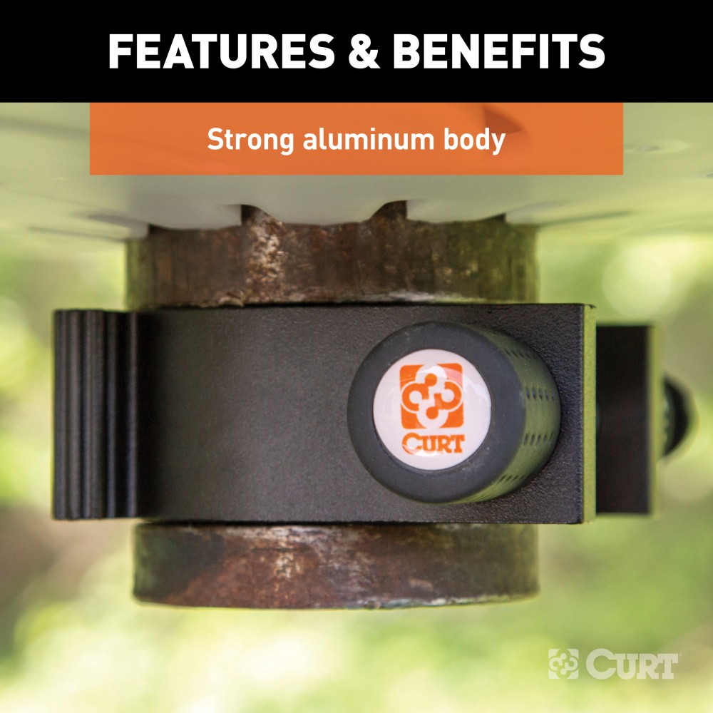 CURT Specialty Kingpin Lock for 5th Wheel Trailers CURT kingpin lock securely attached to a 5th wheel trailer's kingpin