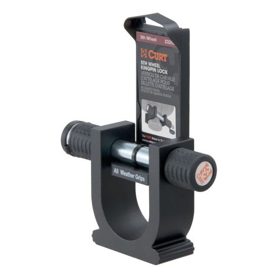 CURT Specialty Kingpin Lock for 5th Wheel Trailers CURT kingpin lock securely attached to a 5th wheel trailer's kingpin