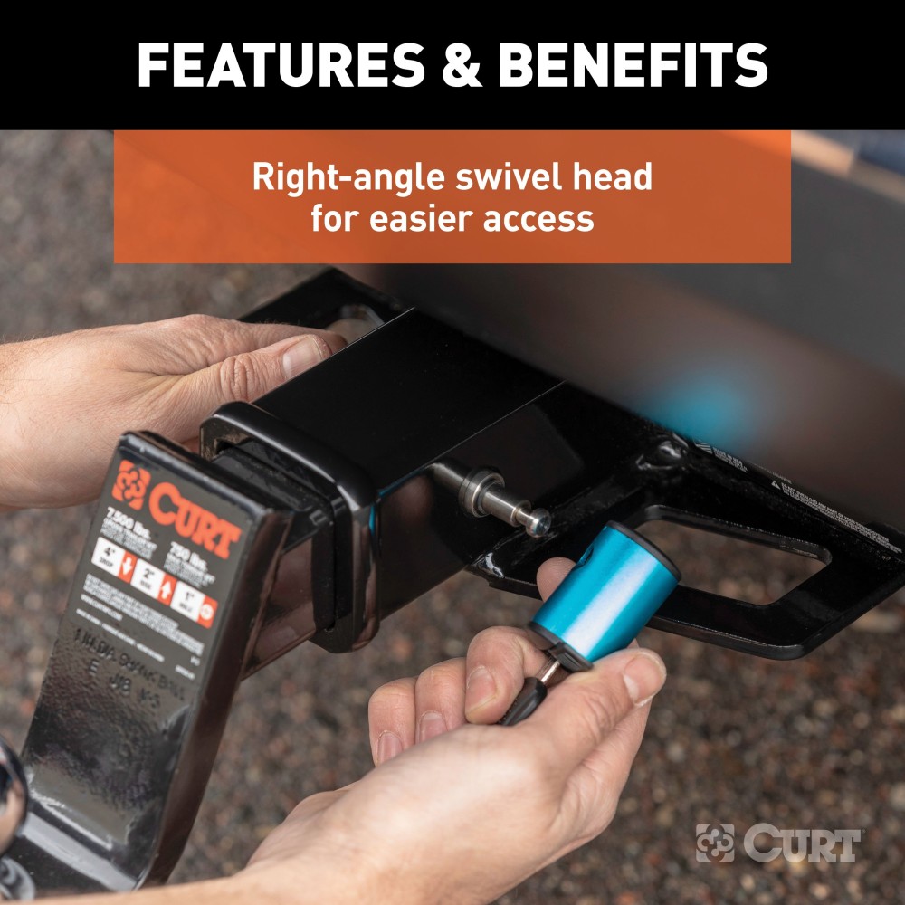 CURT Right Angle Hitch Lock with 5/8 Inch Pin for 2 Inch Receiver CURT hitch lock with 5/8 pin fits 2 inch receiver, prevents theft with a barbell design and watertight dust cap.