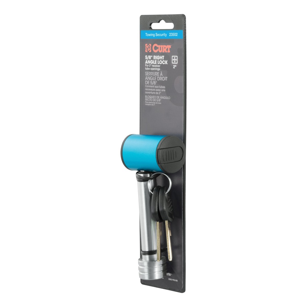 CURT Right Angle Hitch Lock with 5/8 Inch Pin for 2 Inch Receiver CURT hitch lock with 5/8 pin fits 2 inch receiver, prevents theft with a barbell design and watertight dust cap.