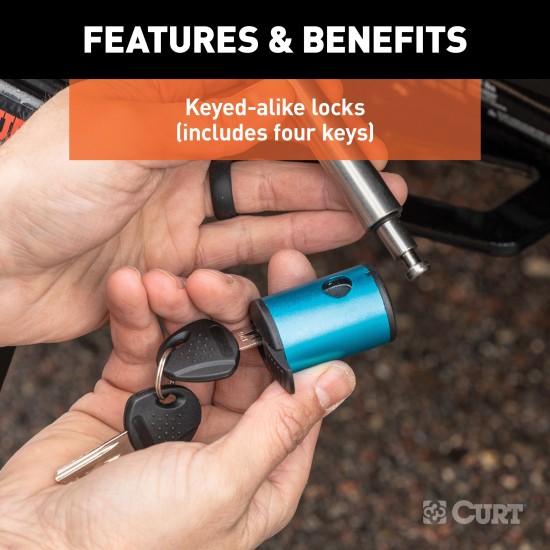 CURT hitch and coupler lock combo pack for trailer security with chrome finish