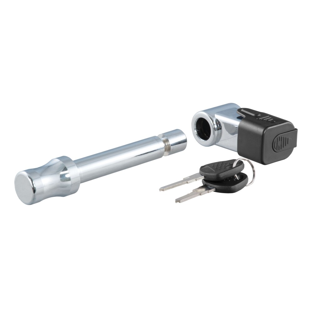 CURT Hitch Lock with 5/8 Inch Diameter Pin for 2 Inch Receivers CURT hitch lock with barbell design, fits 2 inch receiver tubes, includes dust cap
