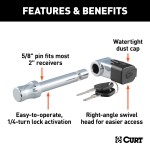 CURT Hitch Lock with 5/8 Inch Diameter Pin for 2 Inch Receivers CURT hitch lock with barbell design, fits 2 inch receiver tubes, includes dust cap