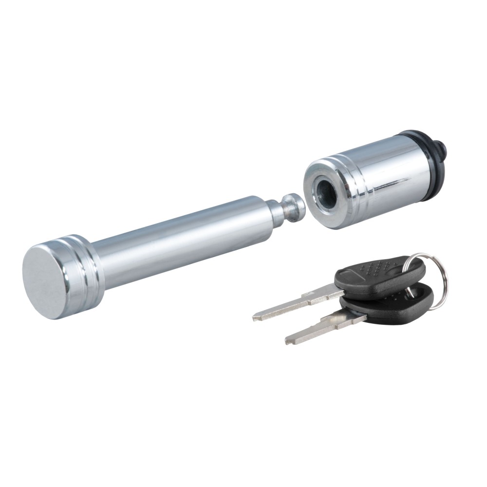 CURT Barbell Hitch Lock with Chrome-Plated Finish for 2 Inch Receivers CURT hitch lock with barbell design for 2 inch receiver, chrome finish and watertight dust cap