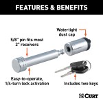 CURT Barbell Hitch Lock with Chrome-Plated Finish for 2 Inch Receivers CURT hitch lock with barbell design for 2 inch receiver, chrome finish and watertight dust cap