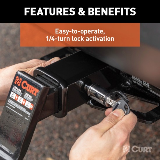 CURT Barbell Hitch Lock with Chrome-Plated Finish for 2 Inch Receivers CURT hitch lock with barbell design for 2 inch receiver, chrome finish and watertight dust cap