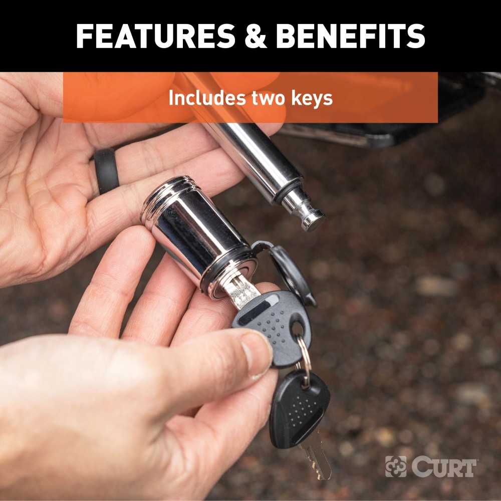 CURT Barbell Hitch Lock with Chrome-Plated Finish for 2 Inch Receivers CURT hitch lock with barbell design for 2 inch receiver, chrome finish and watertight dust cap